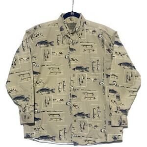 Woods and Water Outfitters Shirt Men's Large Long Sleeve Button Up Fish Motif
